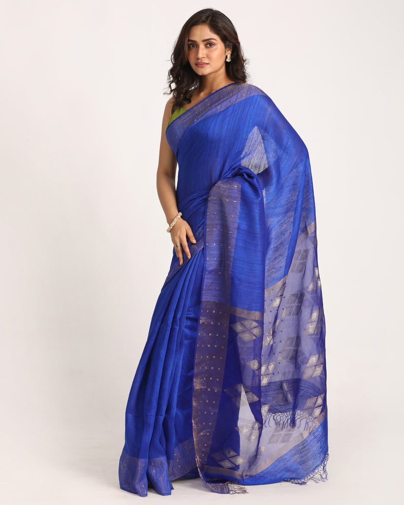 Women's Royel Blue Matka Silk Handloom Traditional Jamdani Saree