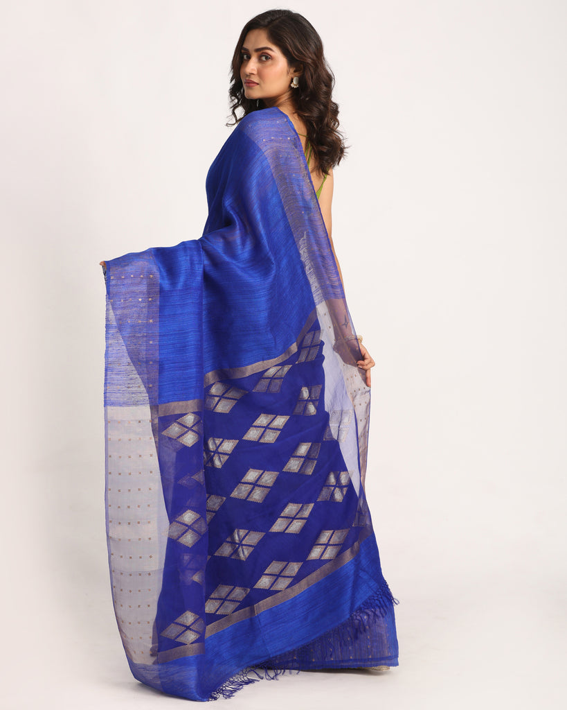 Women's Royel Blue Matka Silk Handloom Traditional Jamdani Saree