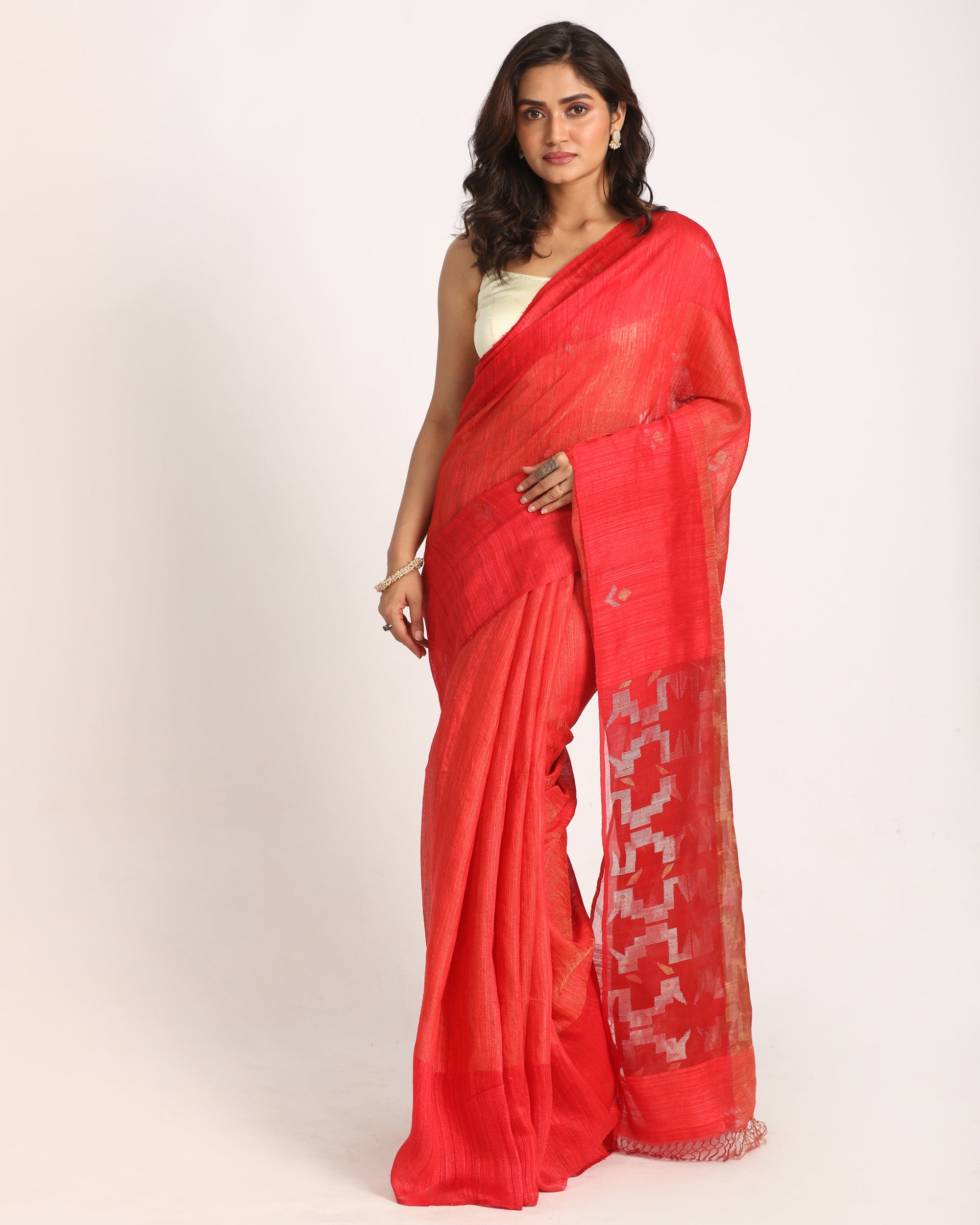 Women's Red Matka Silk Handloom Traditional Sequin Jamdani Saree - Angoshobha