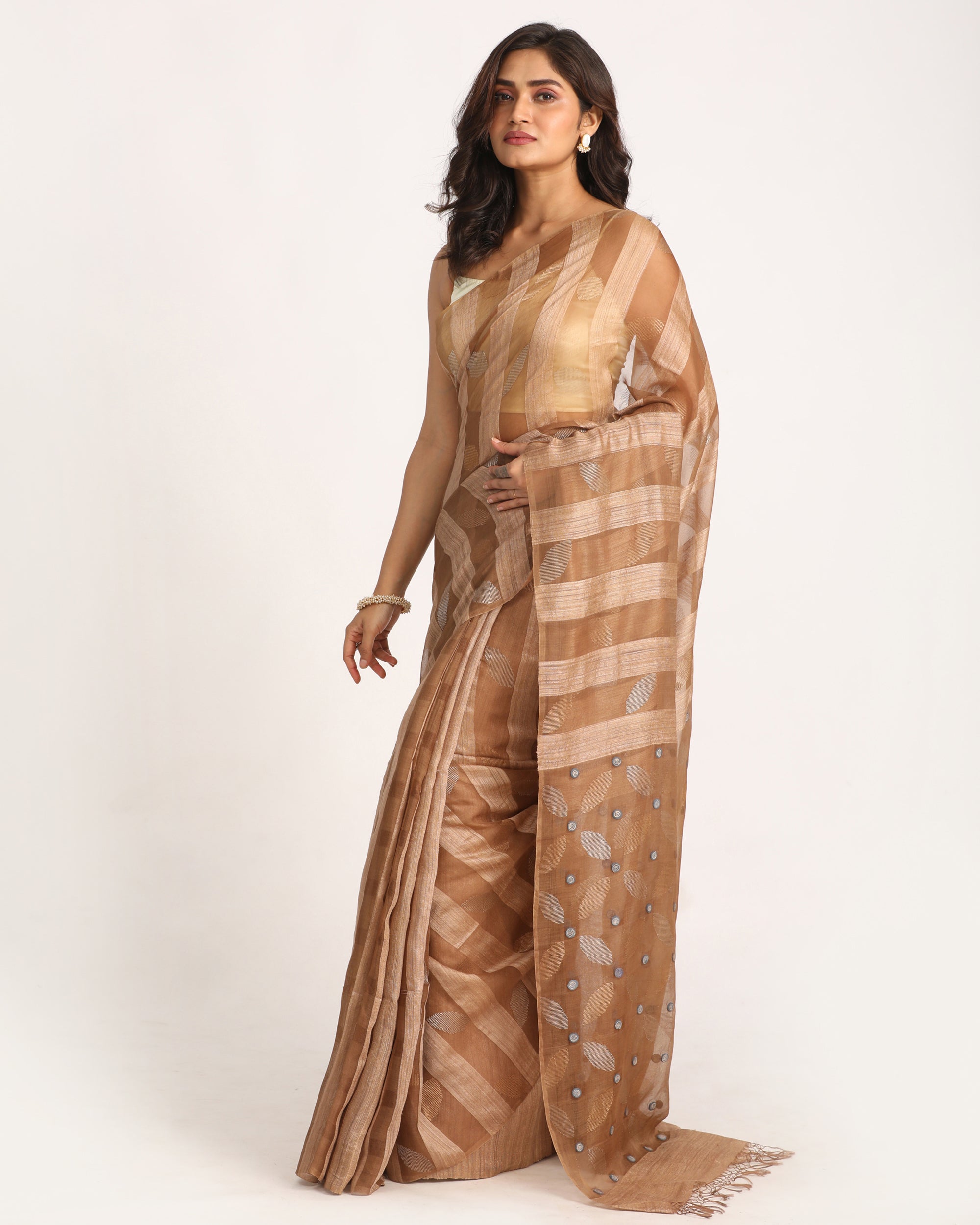 Women's Khaki Matka Silk Handloom Traditional Sequin Jamdani Saree - Angoshobha