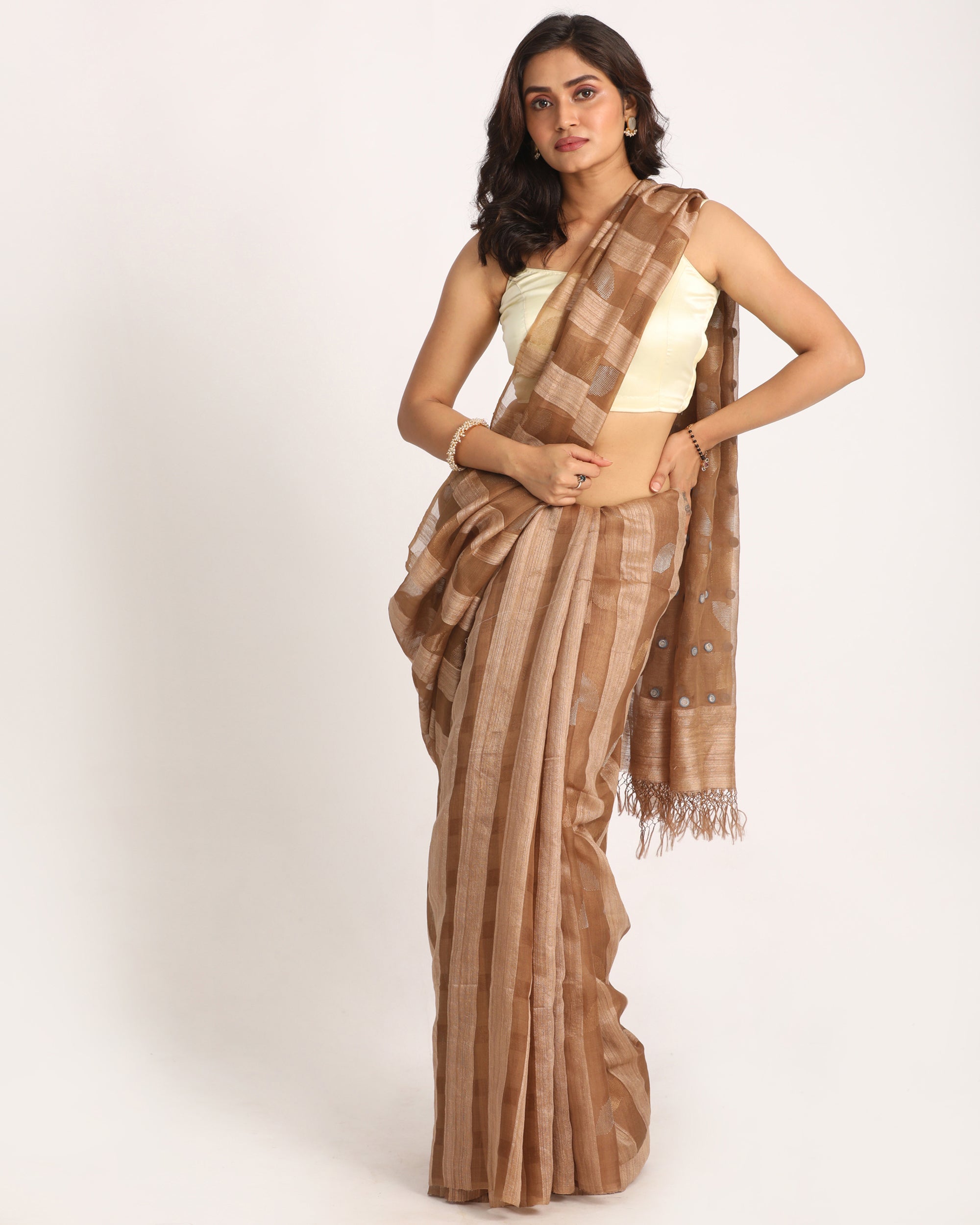 Women's Khaki Matka Silk Handloom Traditional Sequin Jamdani Saree - Angoshobha