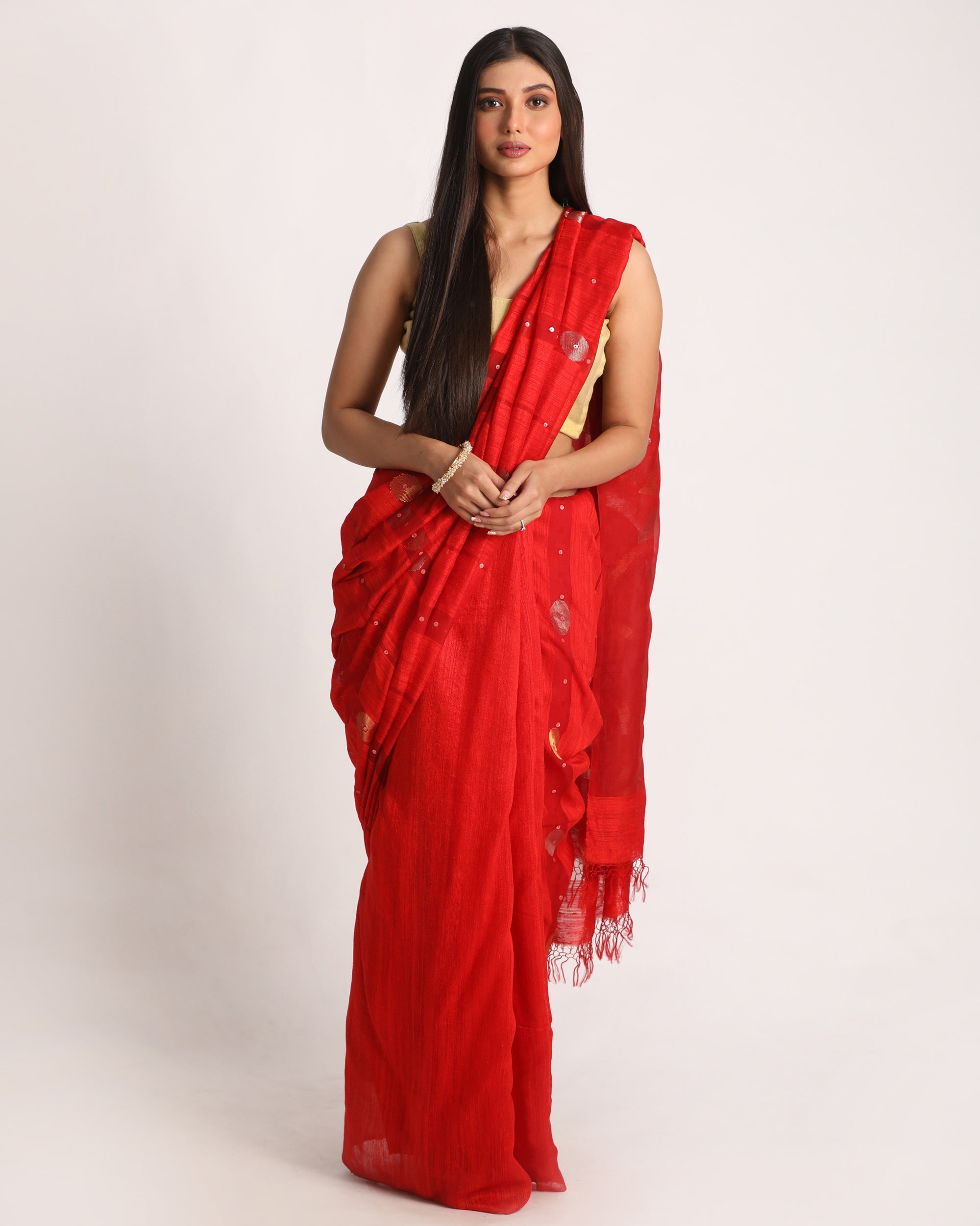 Women's Red Matka Silk Handloom Traditional Sequin Jamdani Saree - Angoshobha