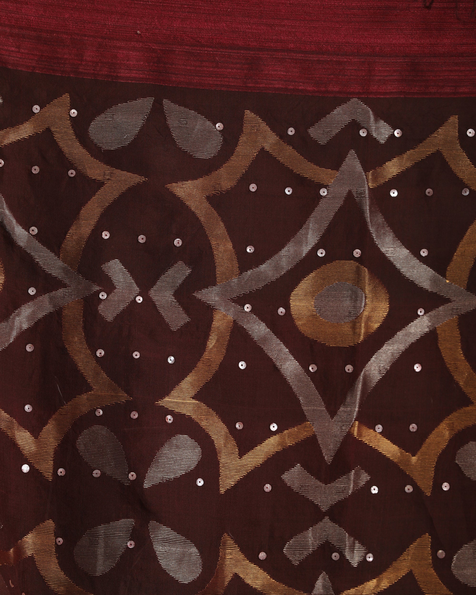 Women's Deep Maroon Matka Silk Handloom Traditional Sequin Jamdani Saree - Angoshobha