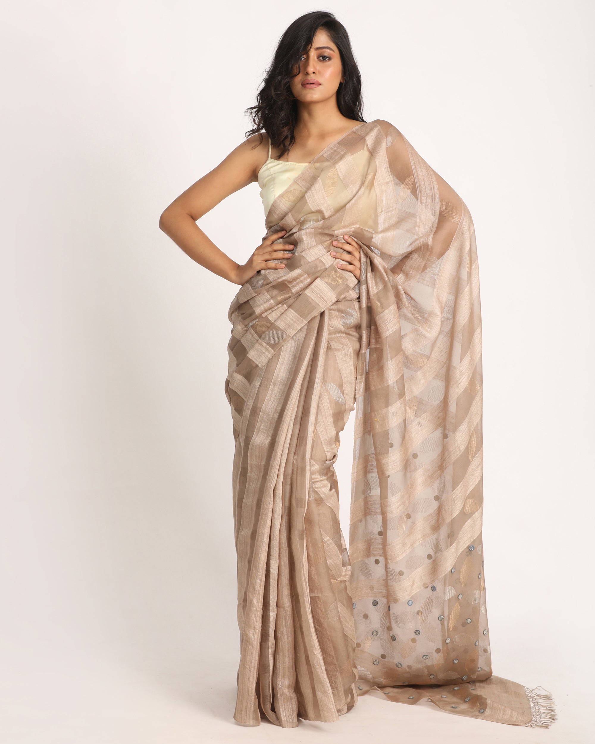 Women's Beige Matka Silk Handloom Traditional Sequin Jamdani Saree - Angoshobha