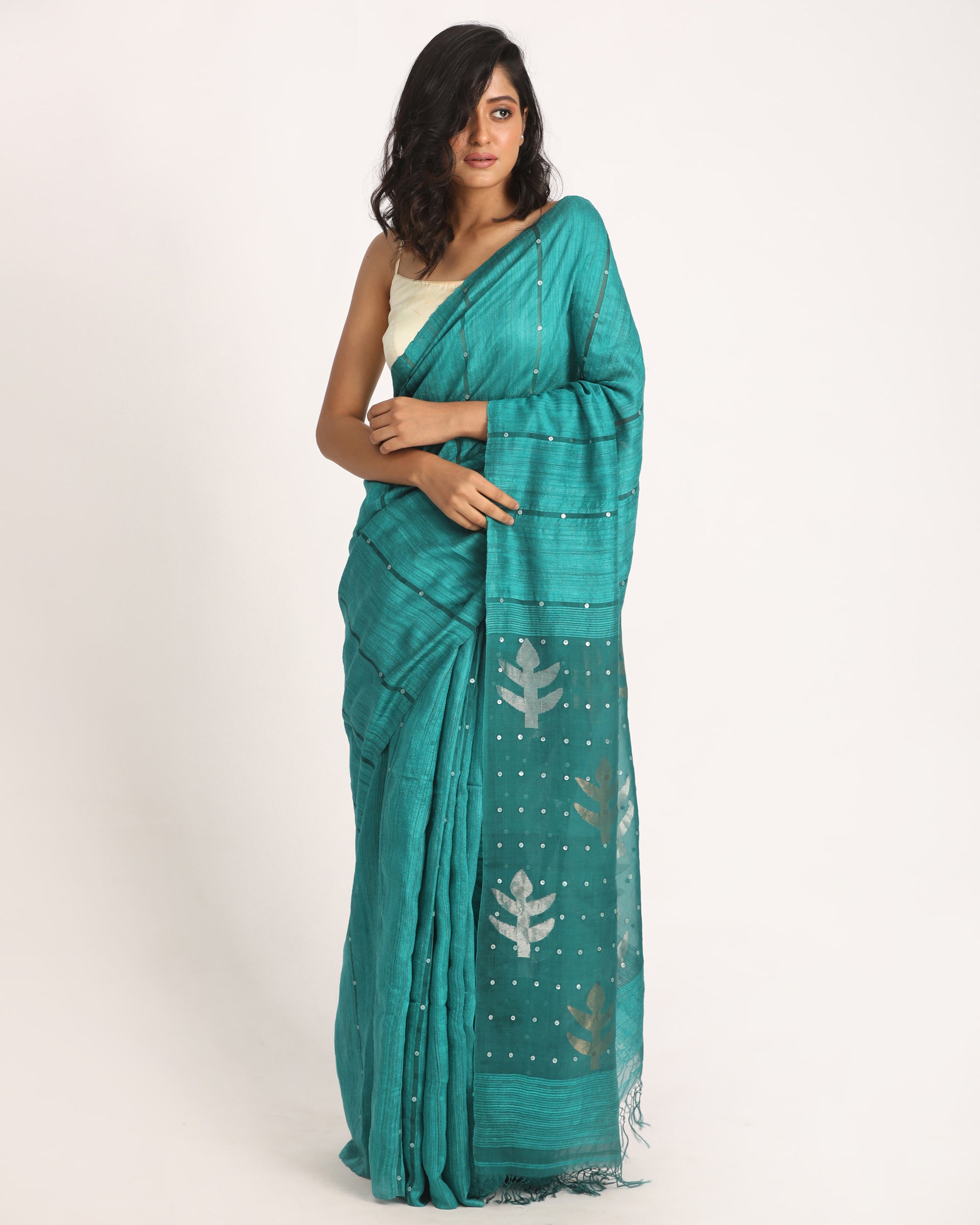 Women's Teal Matka Silk Handloom Traditional Sequin Jamdani Saree - Angoshobha