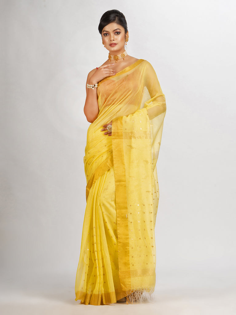 Women's Yollow Silk Cotton Pocket Chumki Jamdani handloom saree