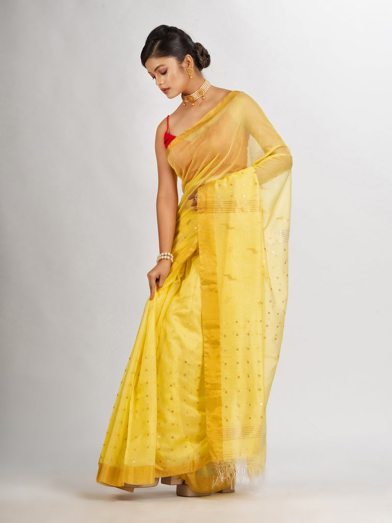 Women's Yollow Silk Cotton Pocket Chumki Jamdani handloom saree