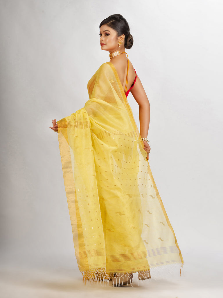 Women's Yollow Silk Cotton Pocket Chumki Jamdani handloom saree