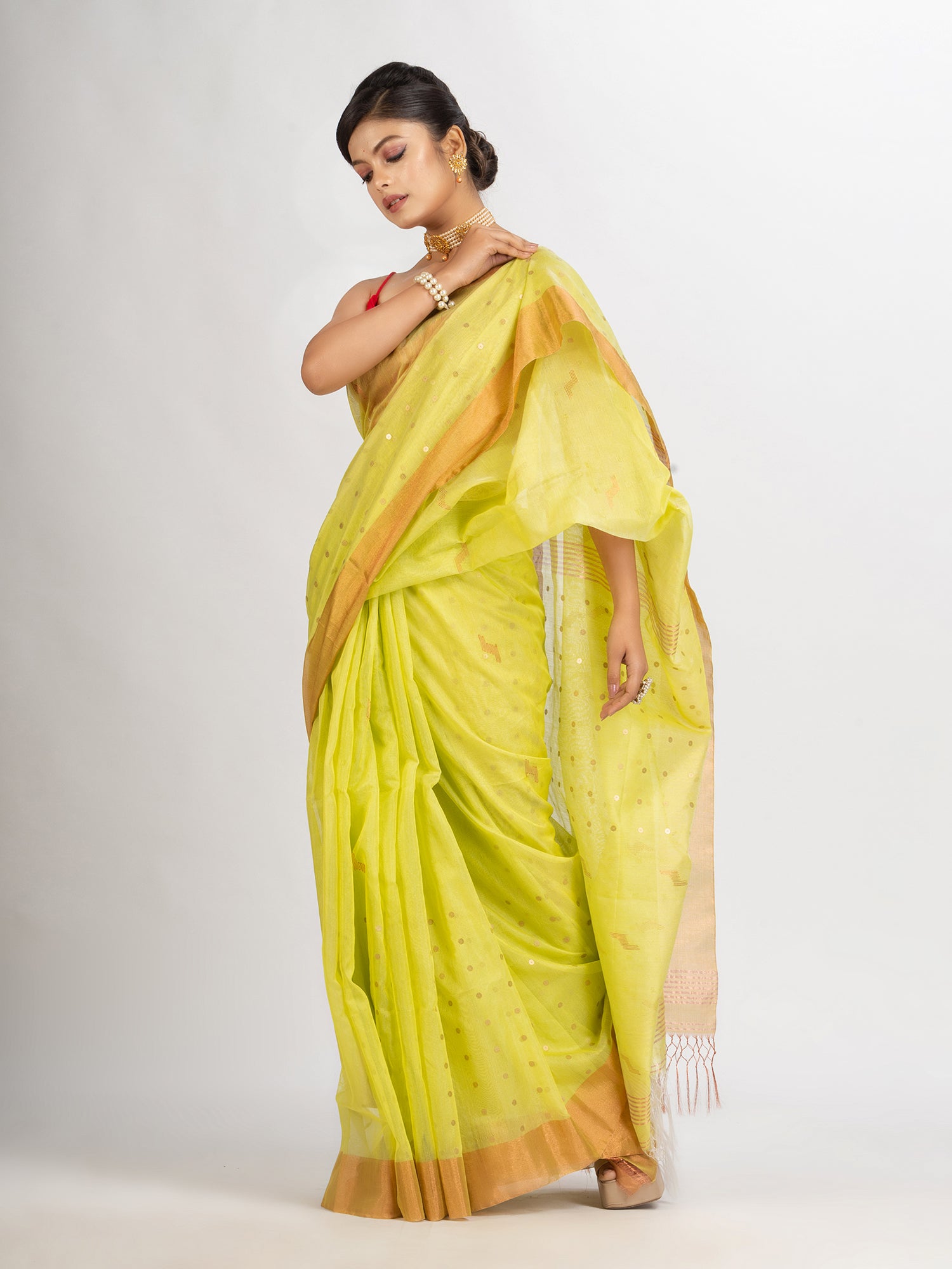 Women's Lemon Yollow Silk Cotton Pocket Chumki Jamdani handloom saree - Angoshobha