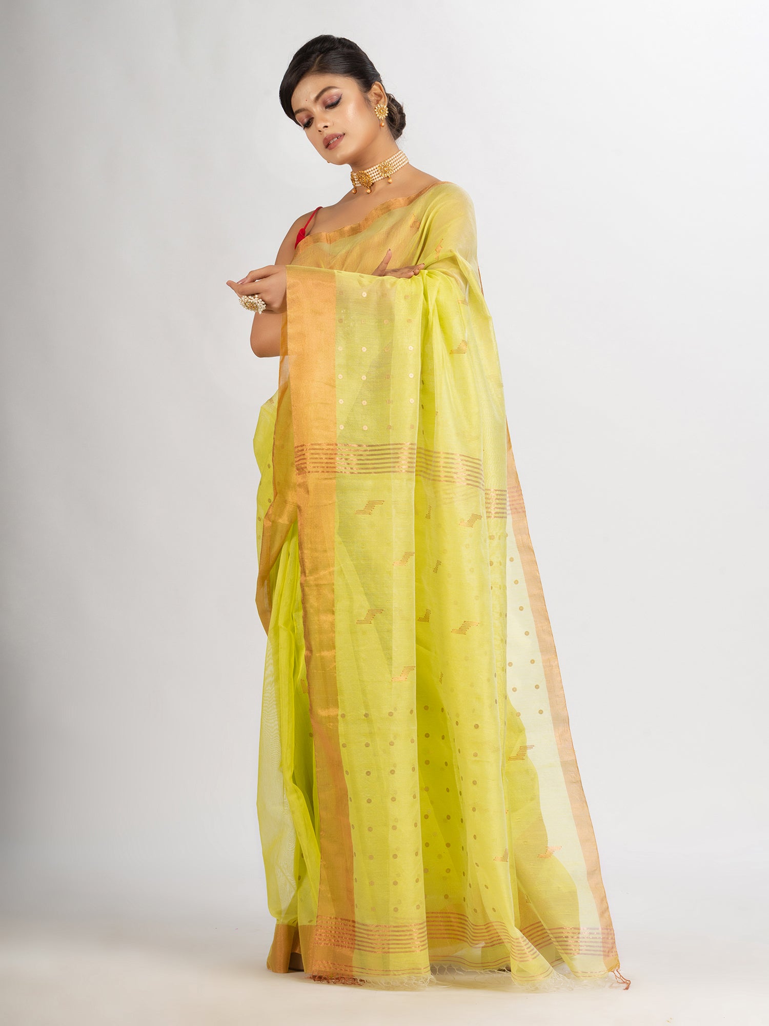 Women's Lemon Yollow Silk Cotton Pocket Chumki Jamdani handloom saree - Angoshobha