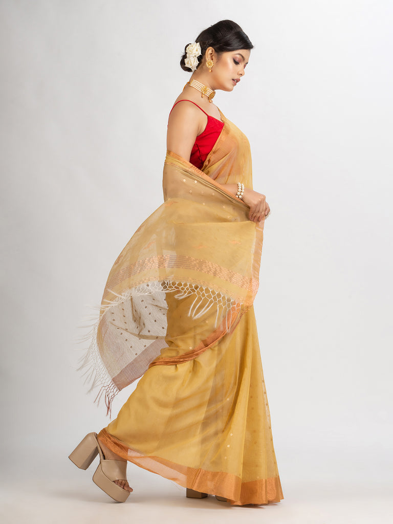 Women's Natural Tussar Colour Silk Cotton Pocket Chumki Jamdani handloom saree