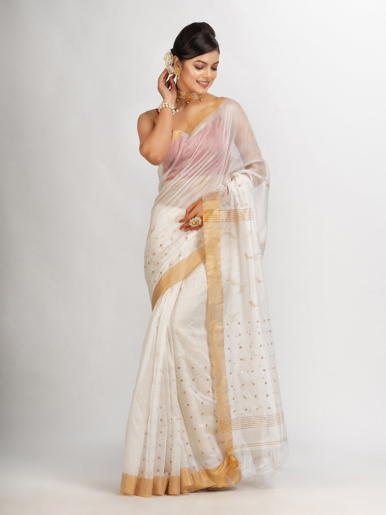 Women's White Silk Cotton Pocket Chumki Jamdani handloom saree - Angoshobha