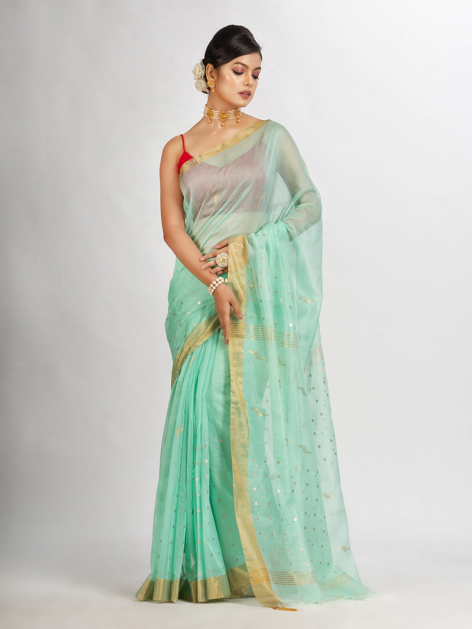 Women's Pastel Green Silk Cotton Pocket Chumki Jamdani handloom saree - Angoshobha