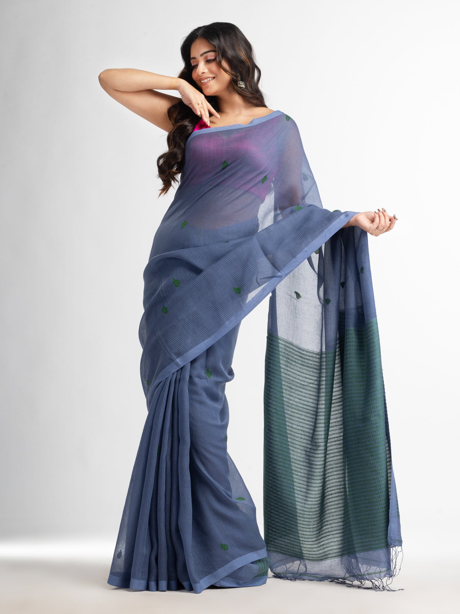 Women's Blue slate grey resham cotton kota check all over Buti jacquqrd Pallu handwoven saree - Angoshobha