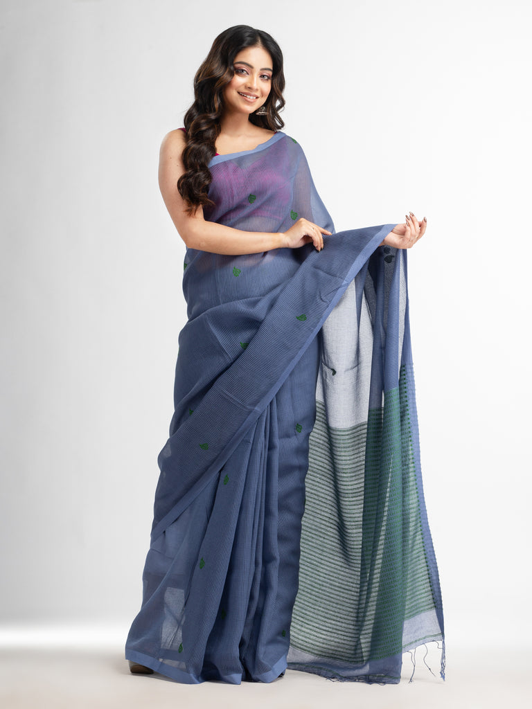 Women's Blue slate grey resham cotton kota check all over Buti jacquqrd Pallu handwoven saree
