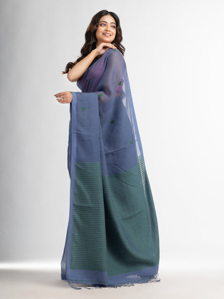 Women's Blue slate grey resham cotton kota check all over Buti jacquqrd Pallu handwoven saree