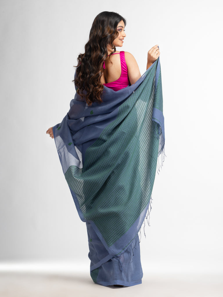 Women's Blue slate grey resham cotton kota check all over Buti jacquqrd Pallu handwoven saree