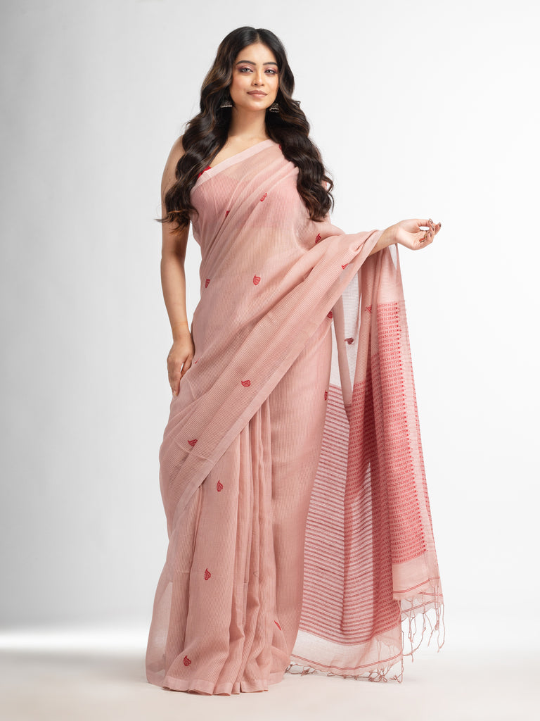 Women's Crystal pink resham cotton kota check all over Buti jacquqrd Pallu handwoven saree