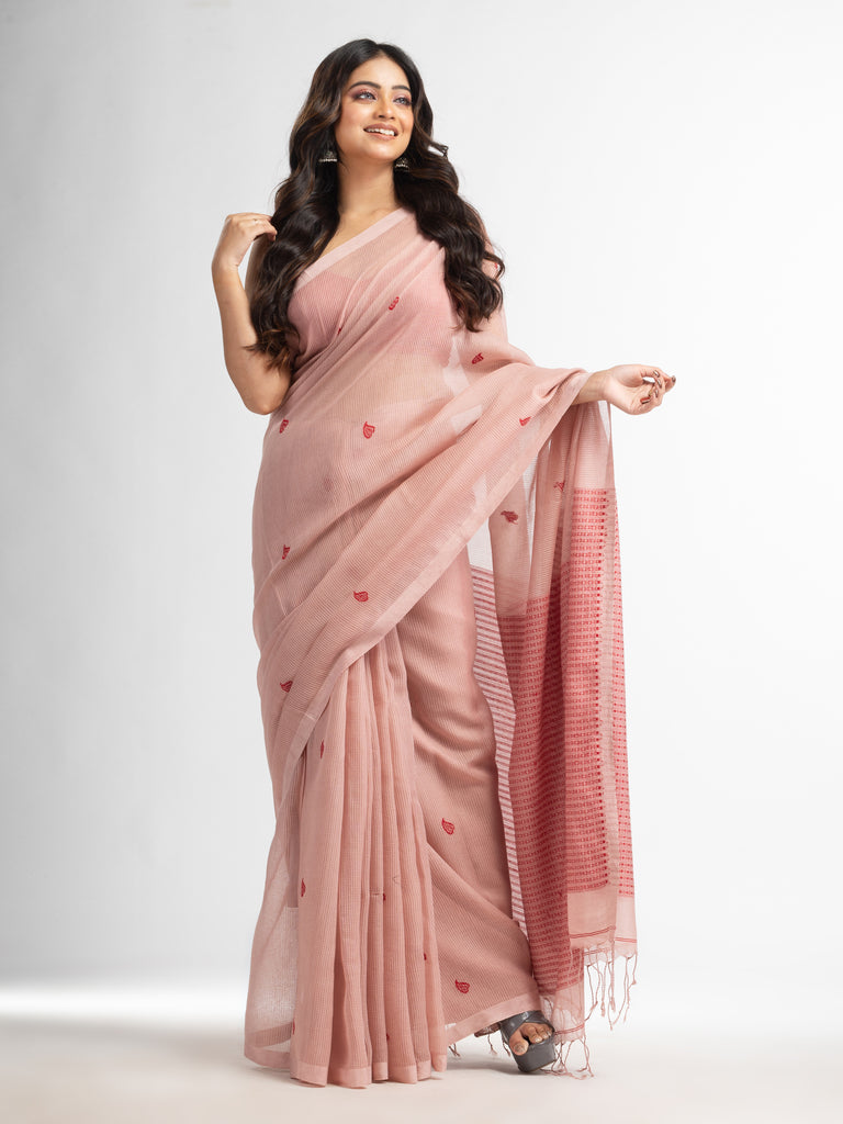 Women's Crystal pink resham cotton kota check all over Buti jacquqrd Pallu handwoven saree