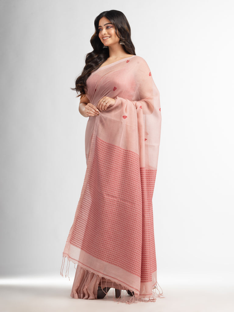 Women's Crystal pink resham cotton kota check all over Buti jacquqrd Pallu handwoven saree