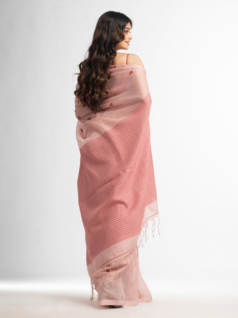 Women's Crystal pink resham cotton kota check all over Buti jacquqrd Pallu handwoven saree