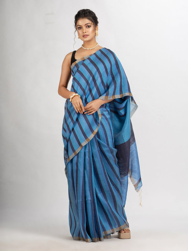 Women's Sky blue And Black Silk Lilne Ckeck Handloom saree