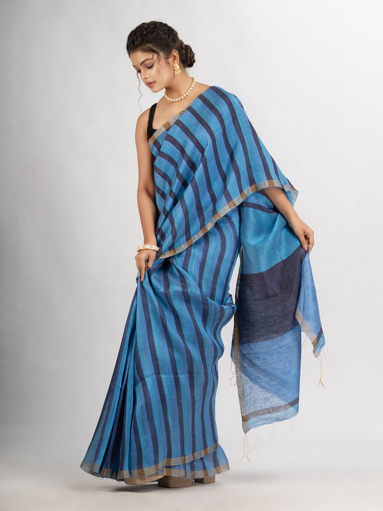 Women's Sky blue And Black Silk Lilne Ckeck Handloom saree