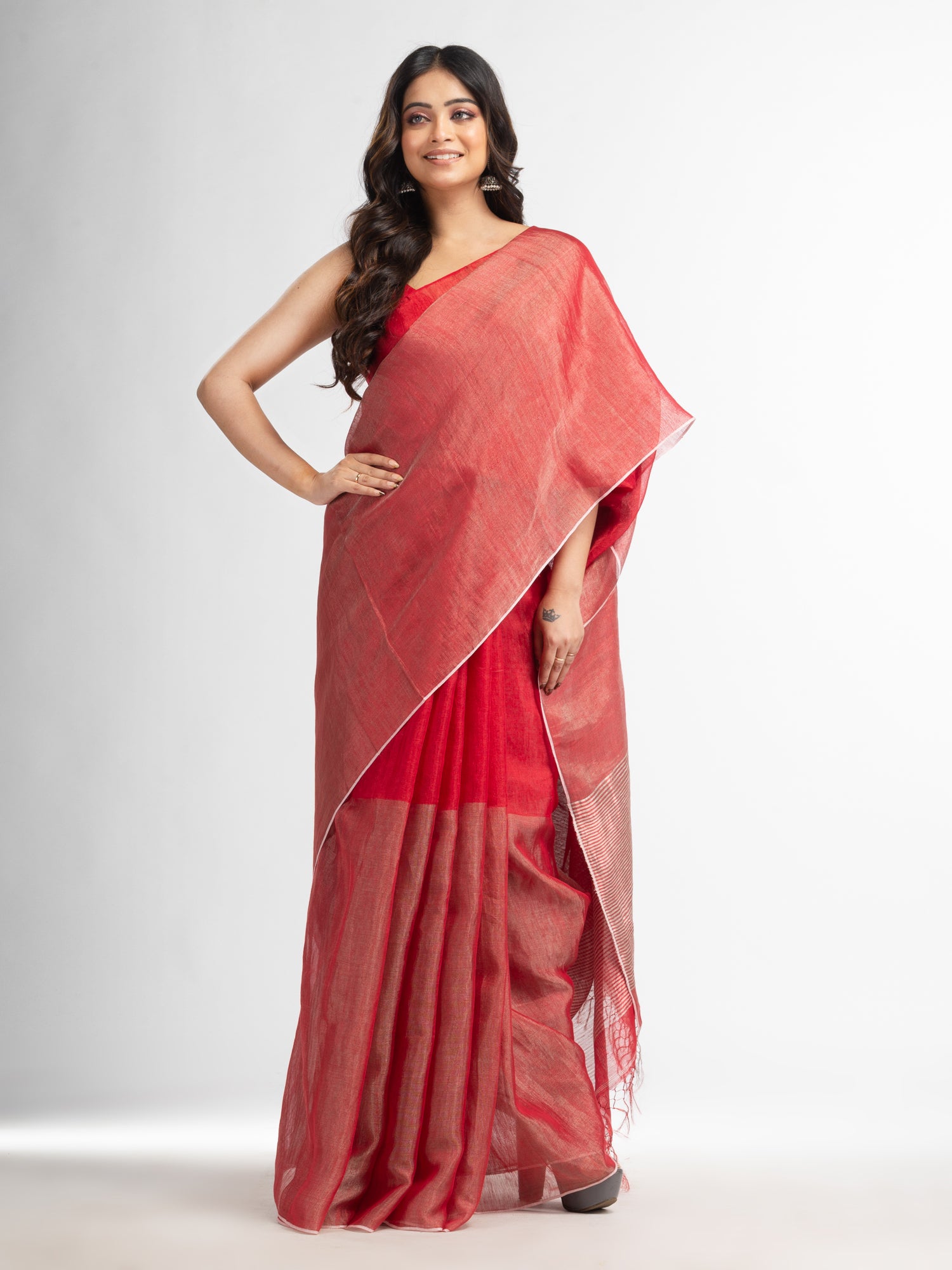 Women's Red tissue linen multi colour pallu handwoven saree - Angoshobha