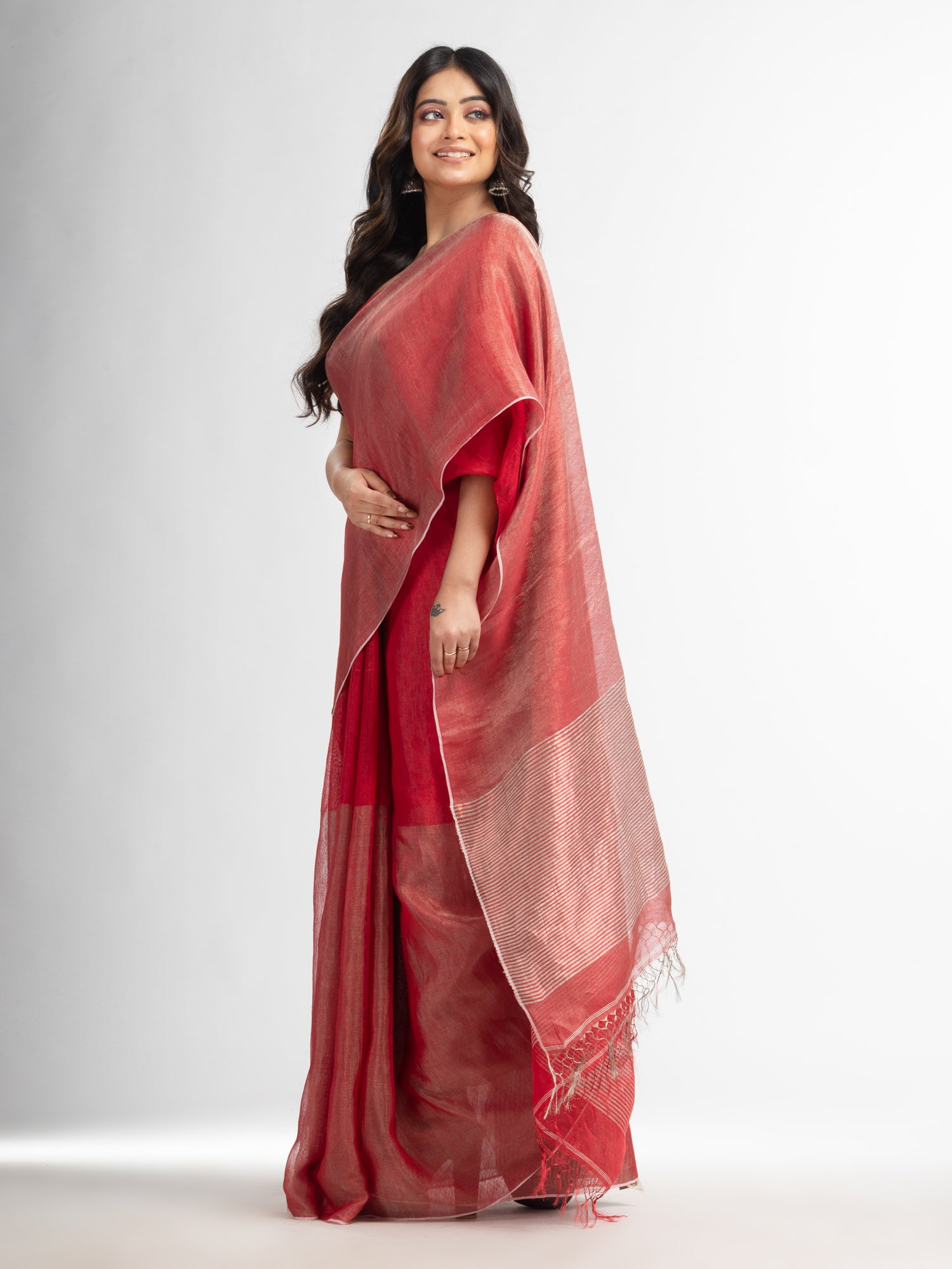 Women's Red tissue linen multi colour pallu handwoven saree - Angoshobha
