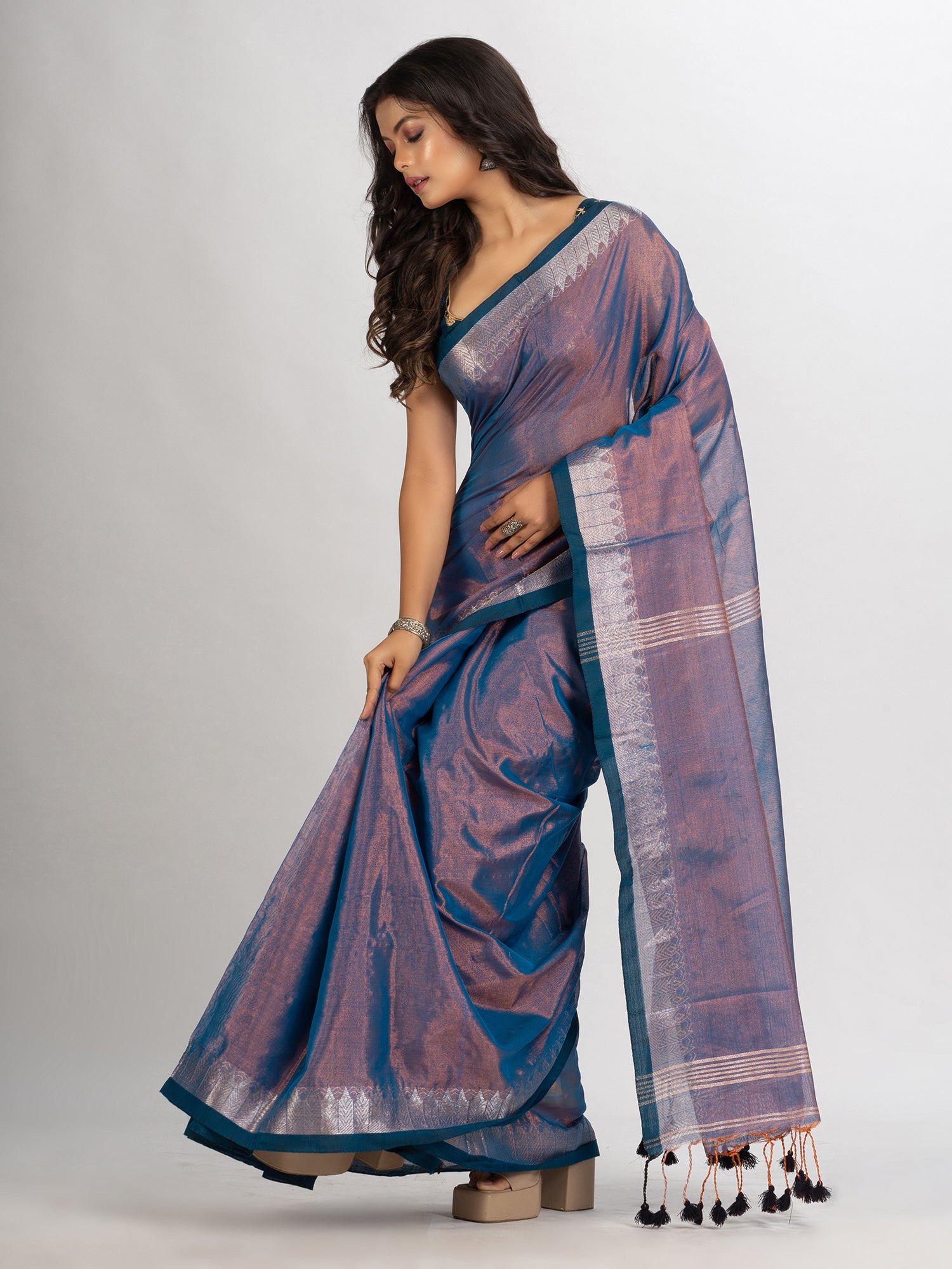 Women's Copper Blue Zari Cotton Tissue Jacquard Border handloom Saree - Angoshobha