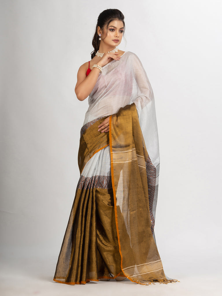 Women's Gold White Zari Cotton Tissue Madhumani Jacquard handloom Saree
