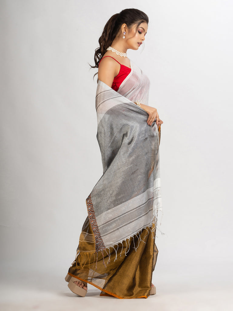 Women's Gold White Zari Cotton Tissue Madhumani Jacquard handloom Saree