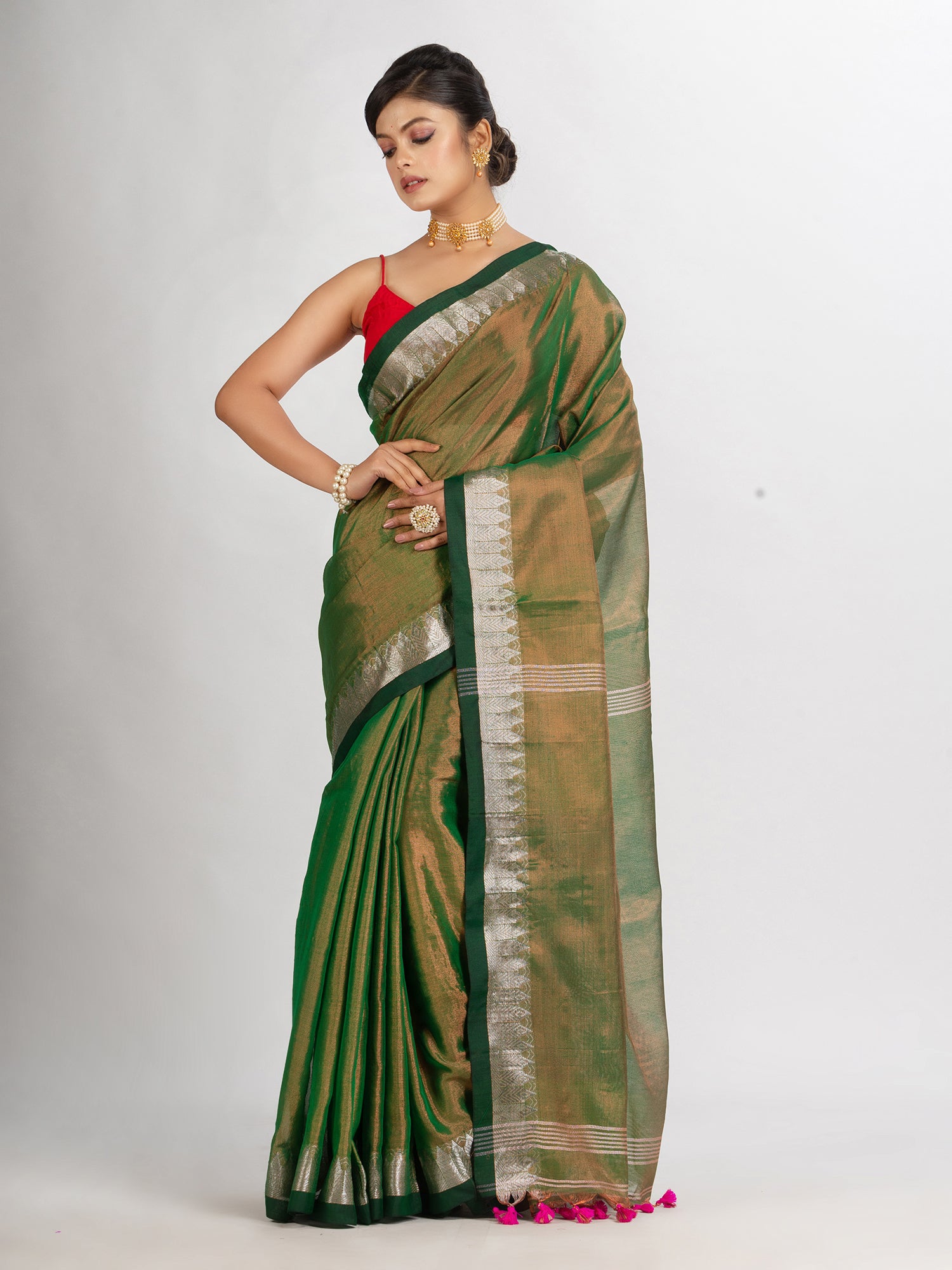 Women's Green Zari Cotton Tissue Jacquard Border handloom Saree - Angoshobha