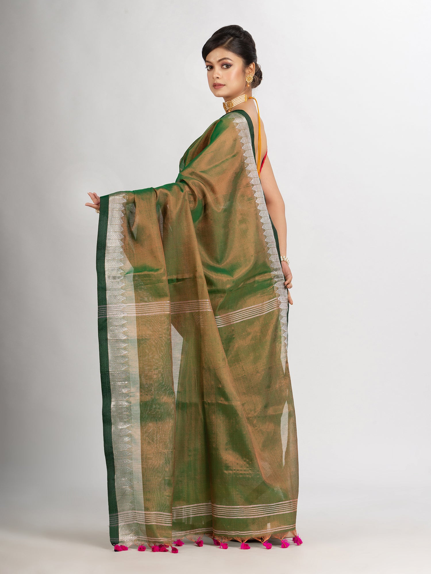 Women's Green Zari Cotton Tissue Jacquard Border handloom Saree - Angoshobha