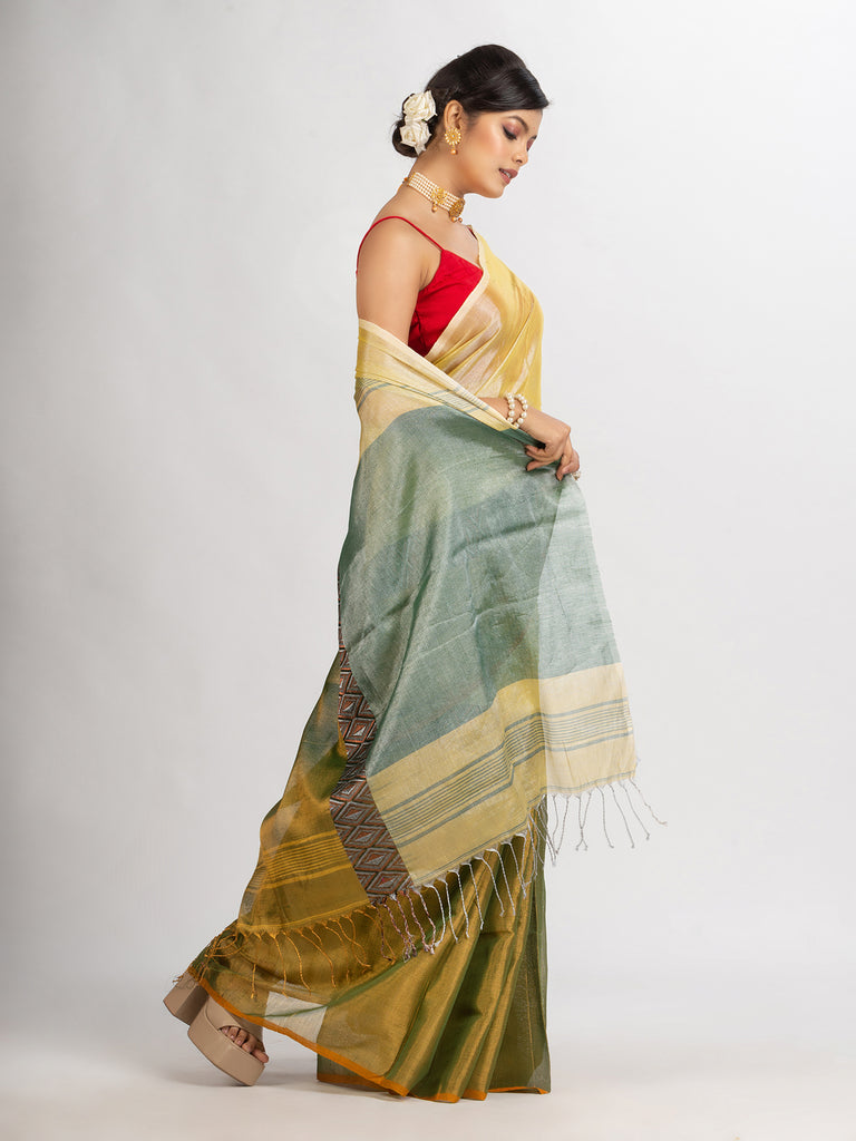 Women's Green And Off White Zari Cotton TissueMadhumani Jacquard handloom Saree