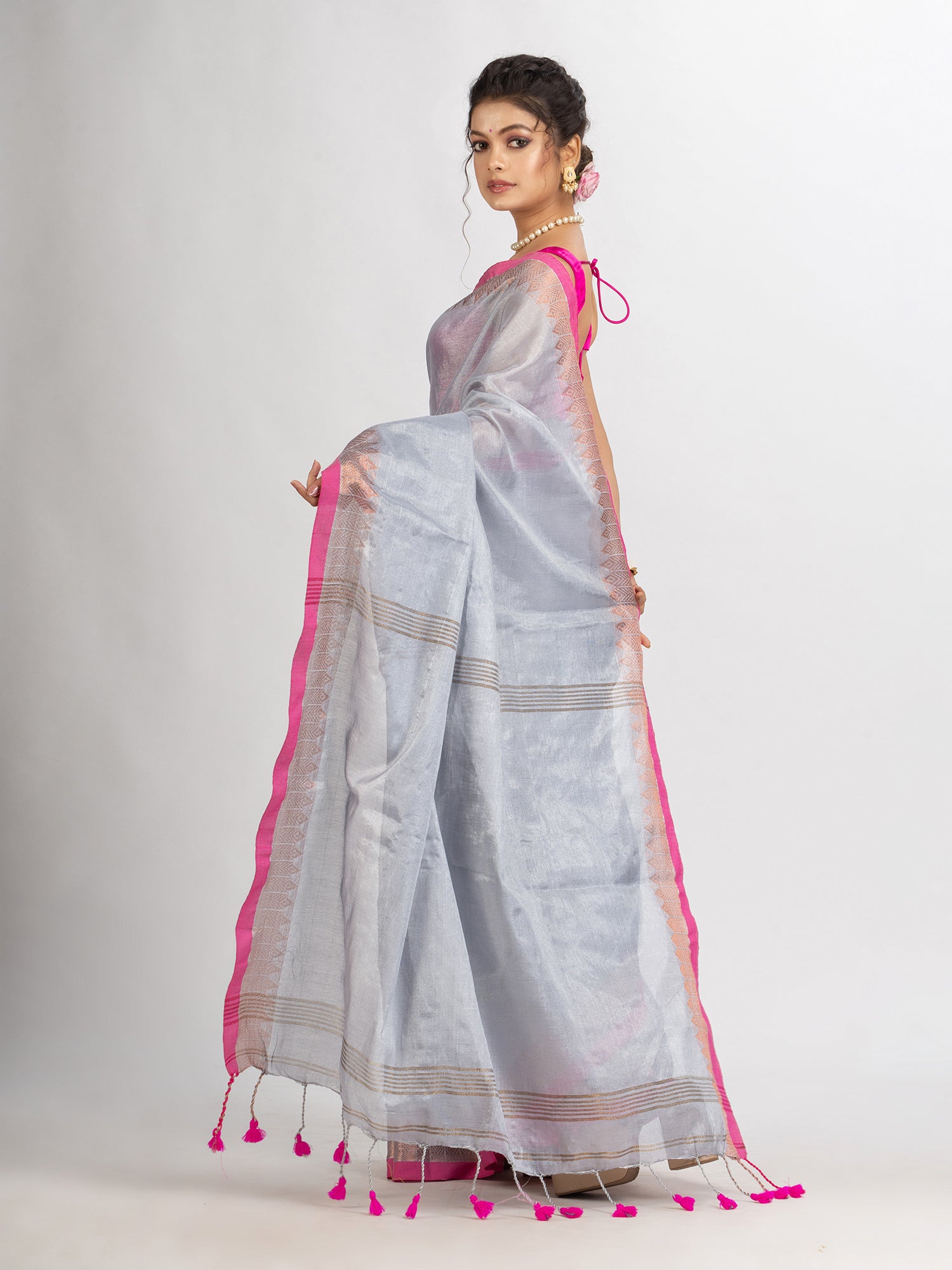 Women's Silver Zari Cotton Tissue Jacquard Border handloom Saree - Angoshobha