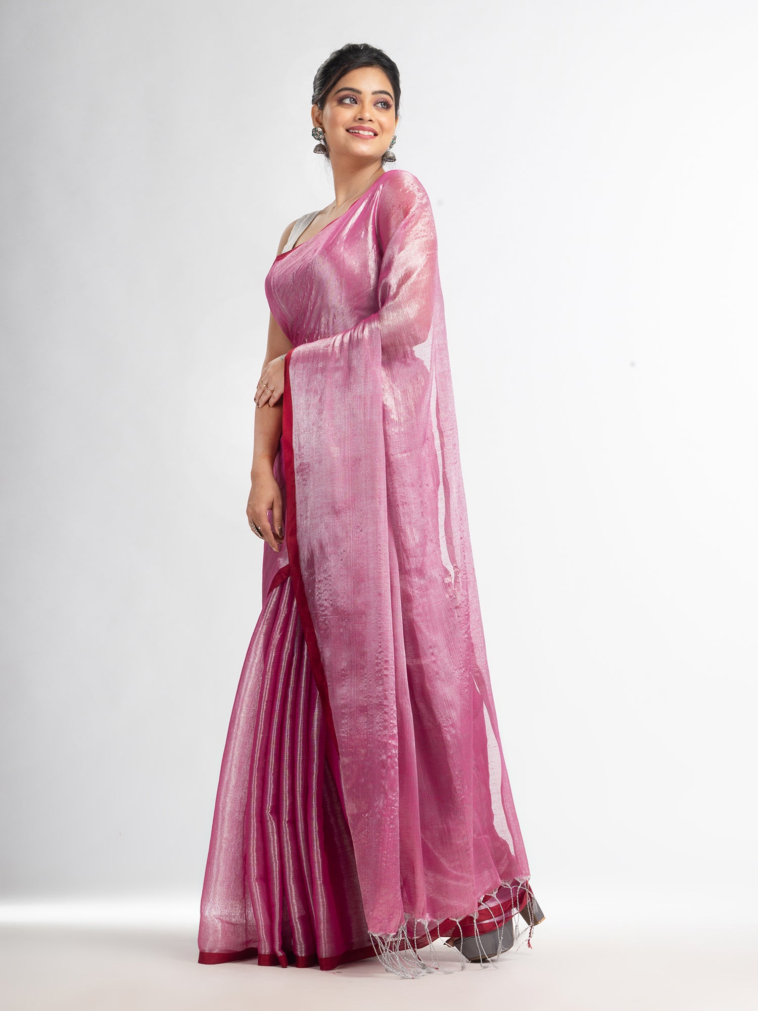 Women's pink tissue cotton solit haif inchi border saree - Angoshobha
