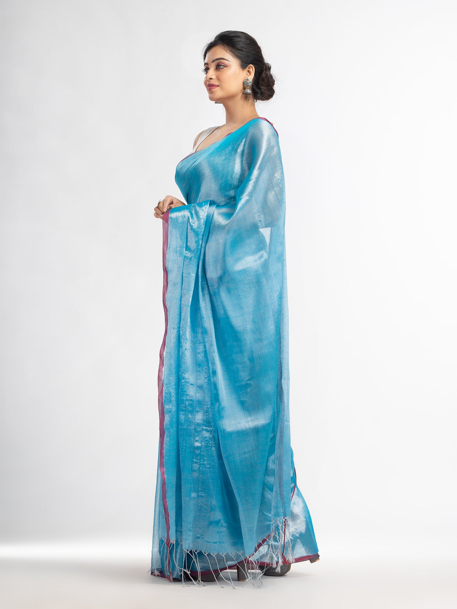 Women's Sky blue tissue cotton solit haif inchi border saree - Angoshobha