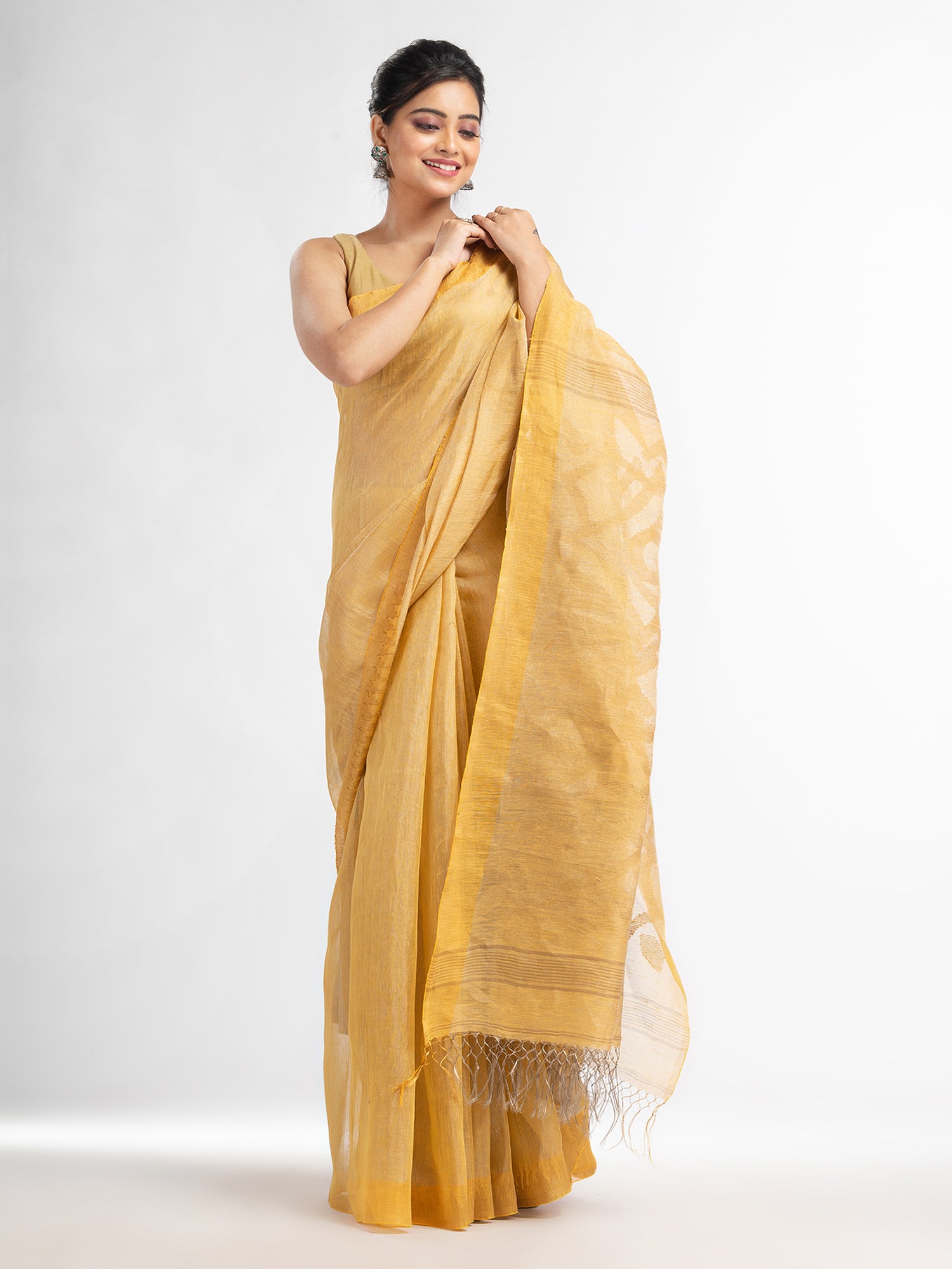 Women's muga linen tissue pallu jamdani temple border handwoven saree - Angoshobha