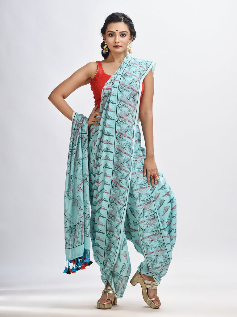 Women's Sky blue cotton birds Printed Saree