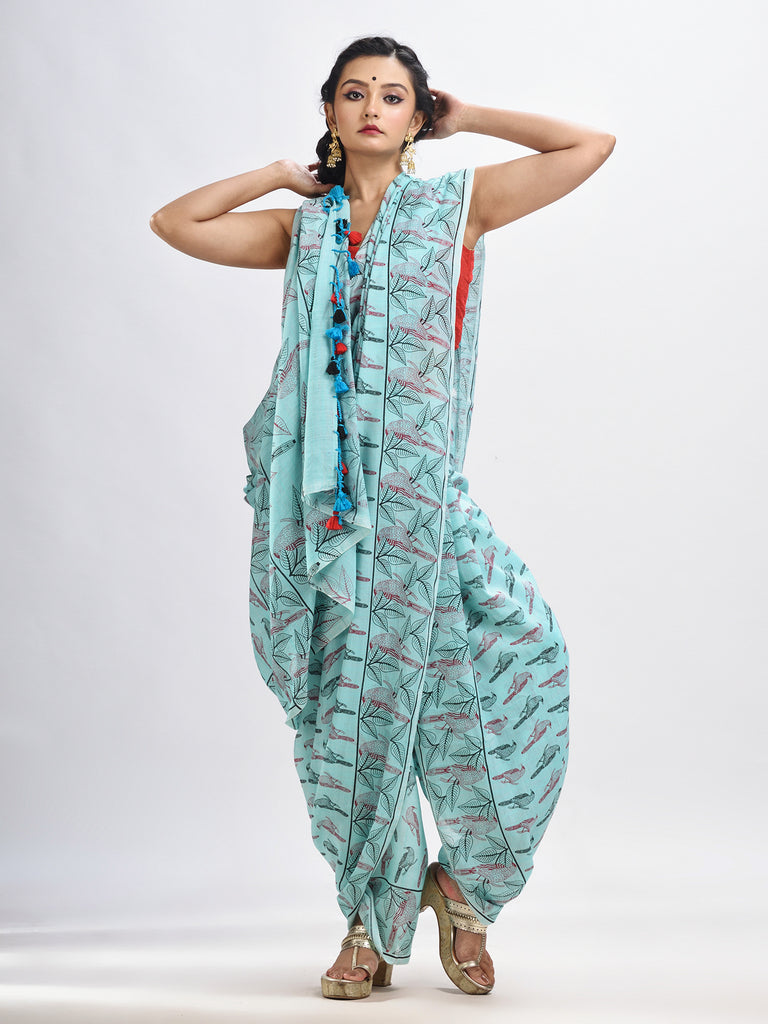 Women's Sky blue cotton birds Printed Saree