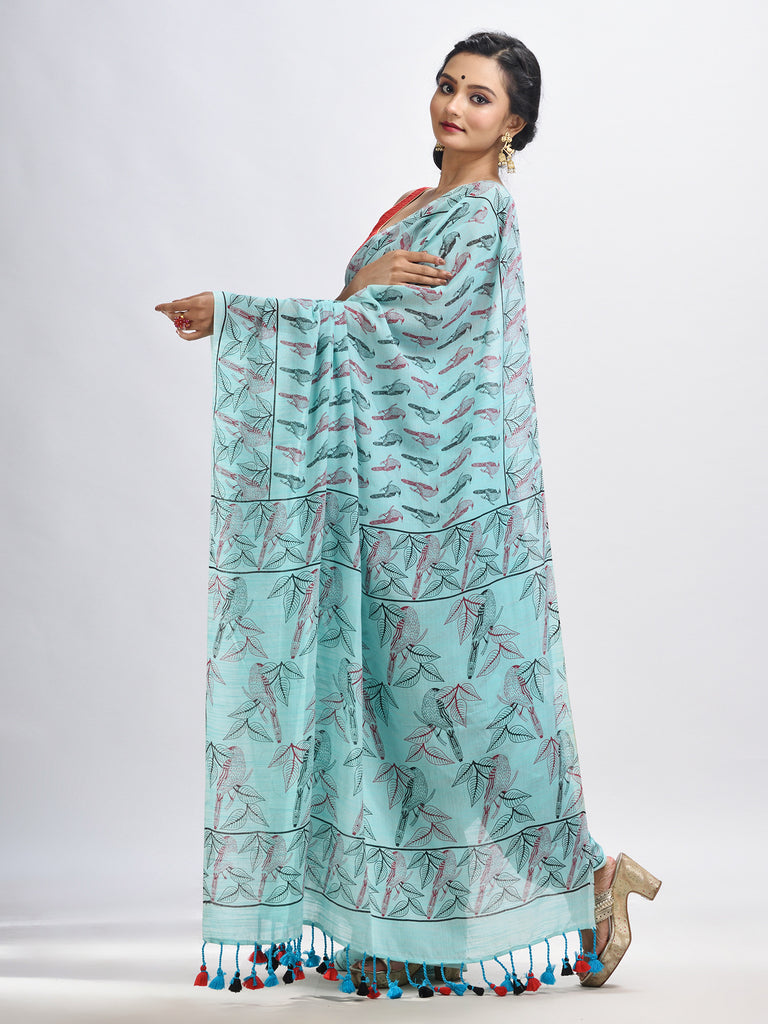Women's Sky blue cotton birds Printed Saree