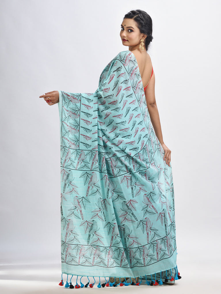 Women's Sky blue cotton birds Printed Saree