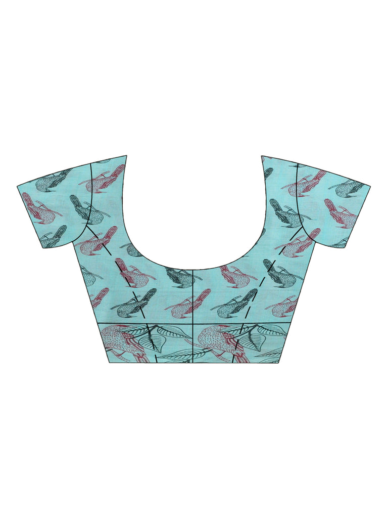 Women's Sky blue cotton birds Printed Saree