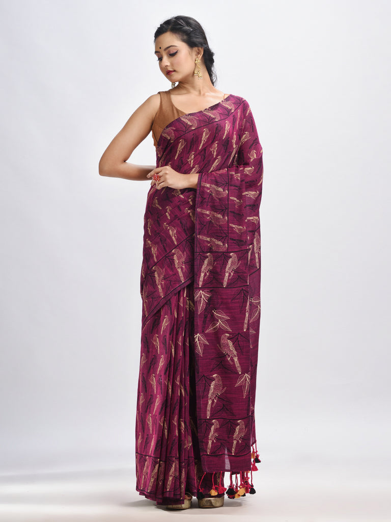 Women's Maroon cotton birds Printed Handloom Saree