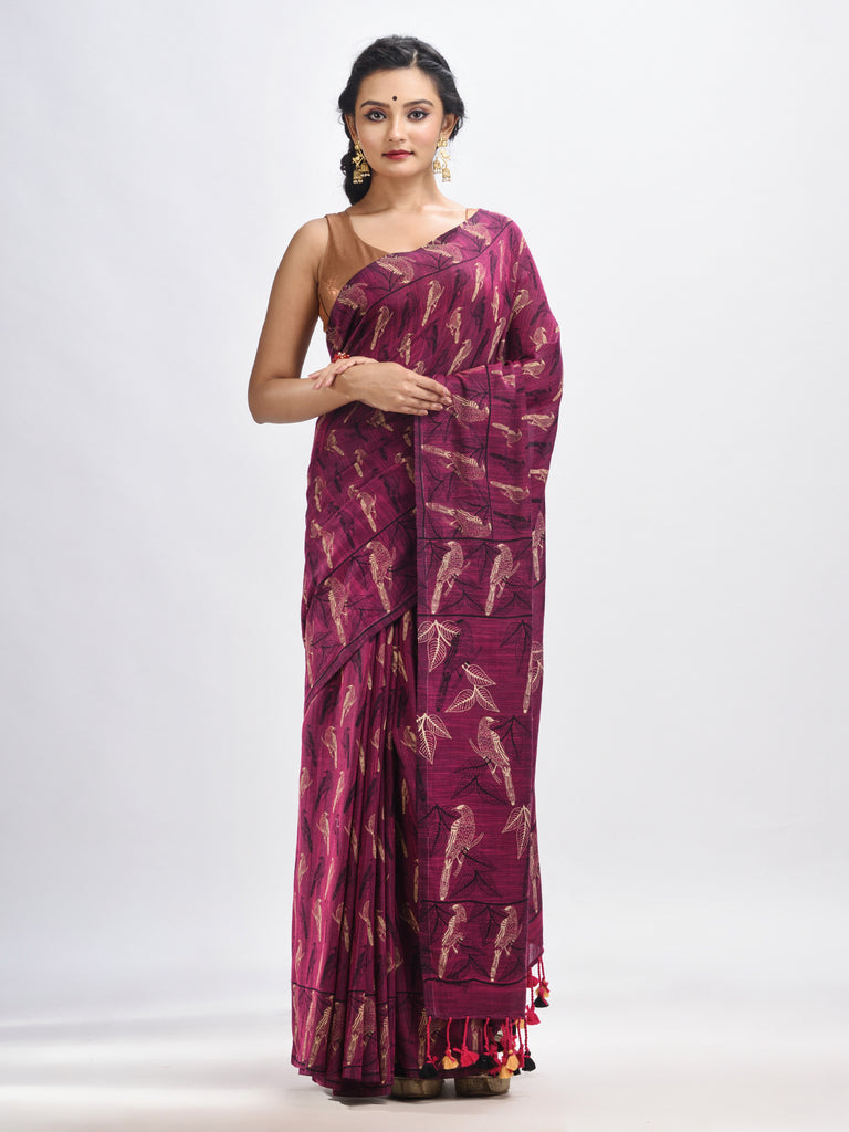 Women's Maroon cotton birds Printed Handloom Saree