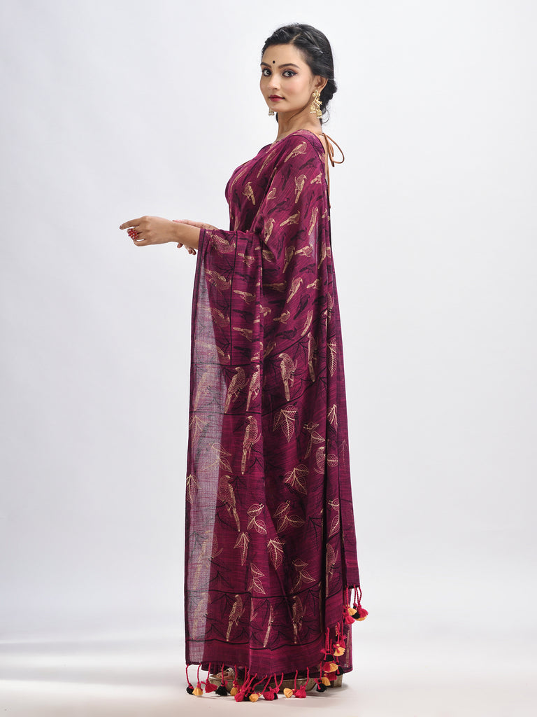 Women's Maroon cotton birds Printed Handloom Saree