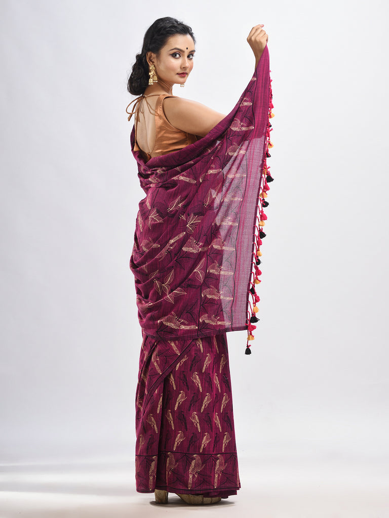 Women's Maroon cotton birds Printed Handloom Saree