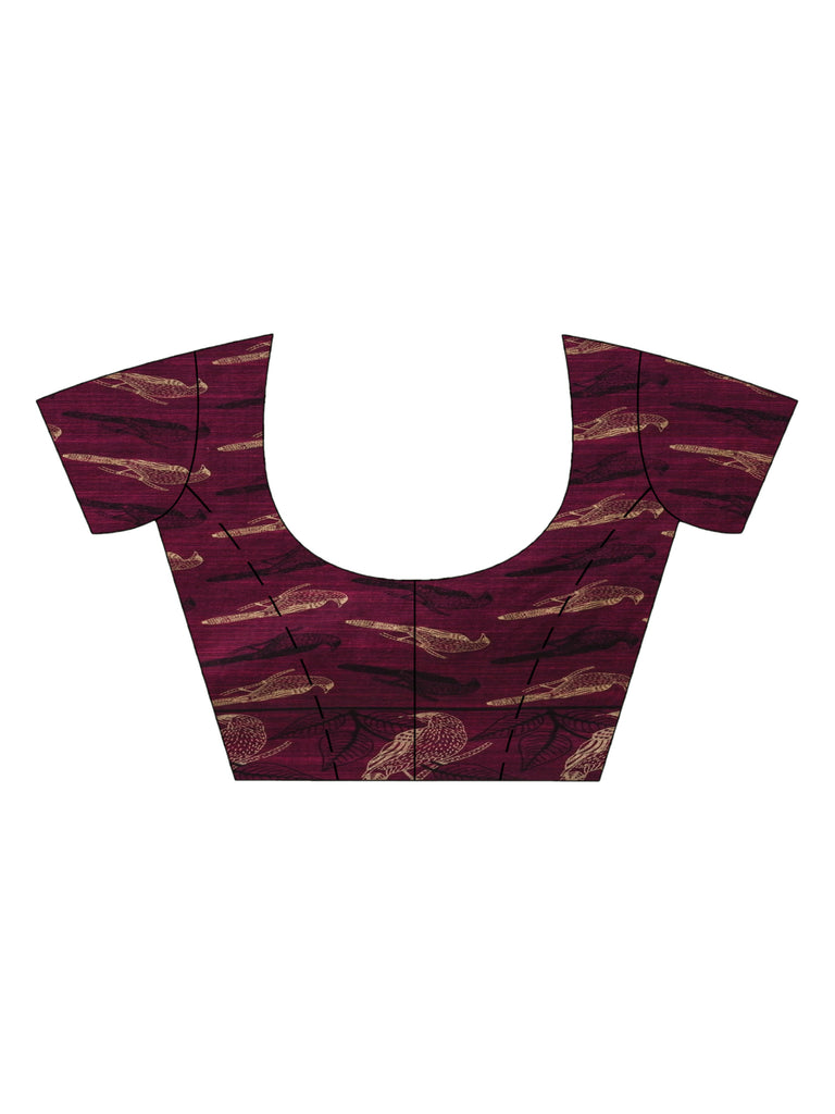 Women's Maroon cotton birds Printed Handloom Saree