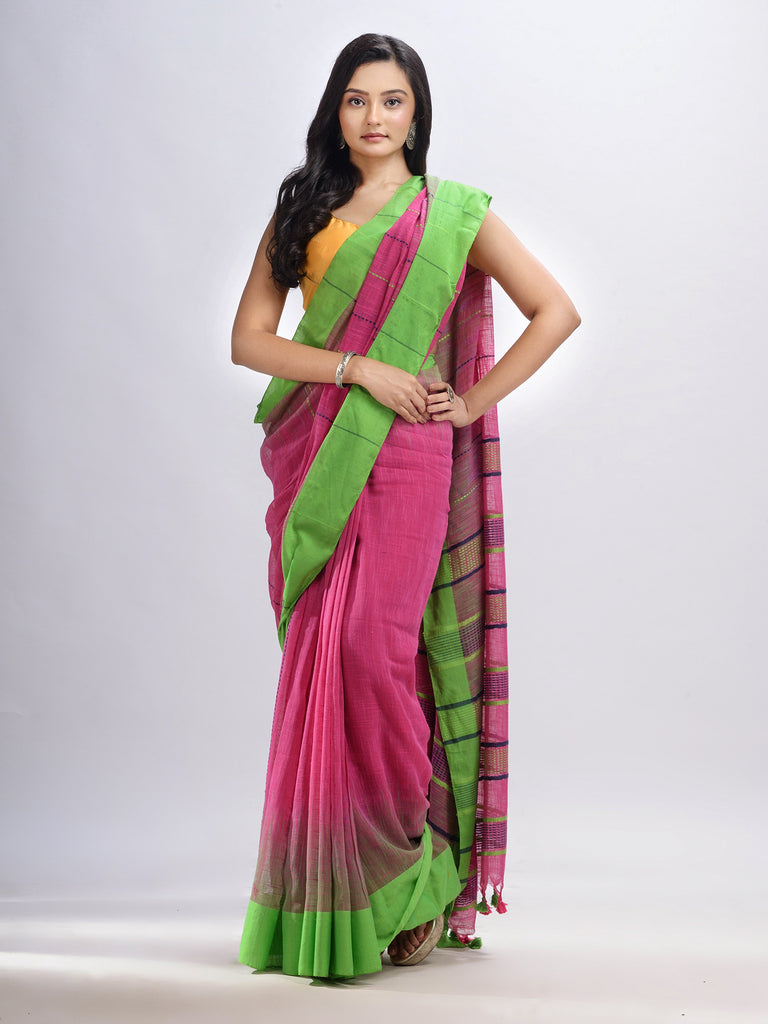 Women's Pink cotton tai dai with solid broder in multi colour pallu hondwaven saree
